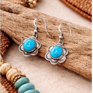 Navajo Sleeping Beauty Turquoise Dangle Earrings Sterling Silver‎ Jewelry **